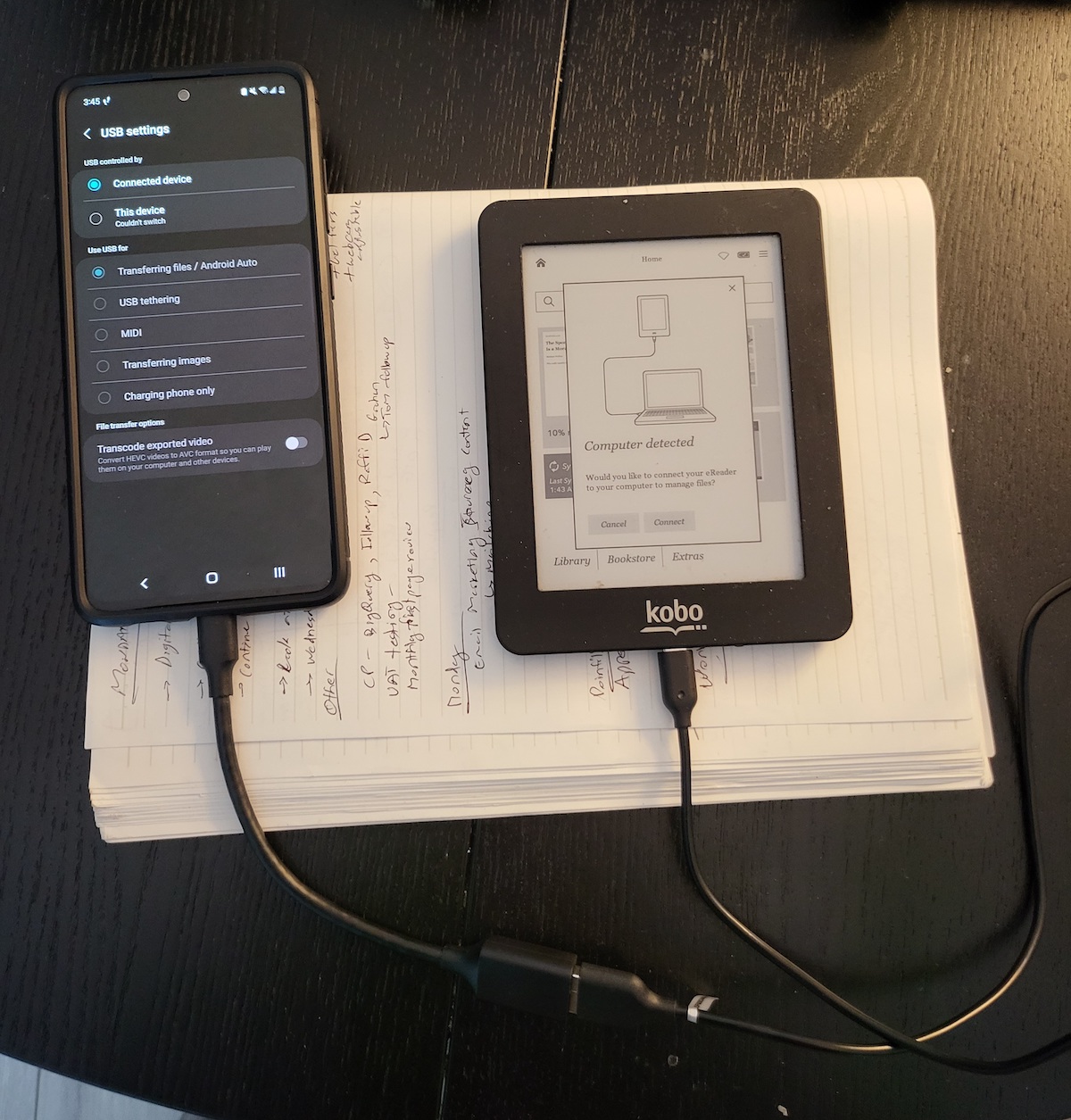 usb otg cable syncs phone with kobo mini